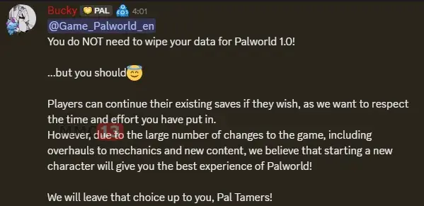Принудительного вайпа после релиза Palworld не будет, но разработчики советуют начать новую игру