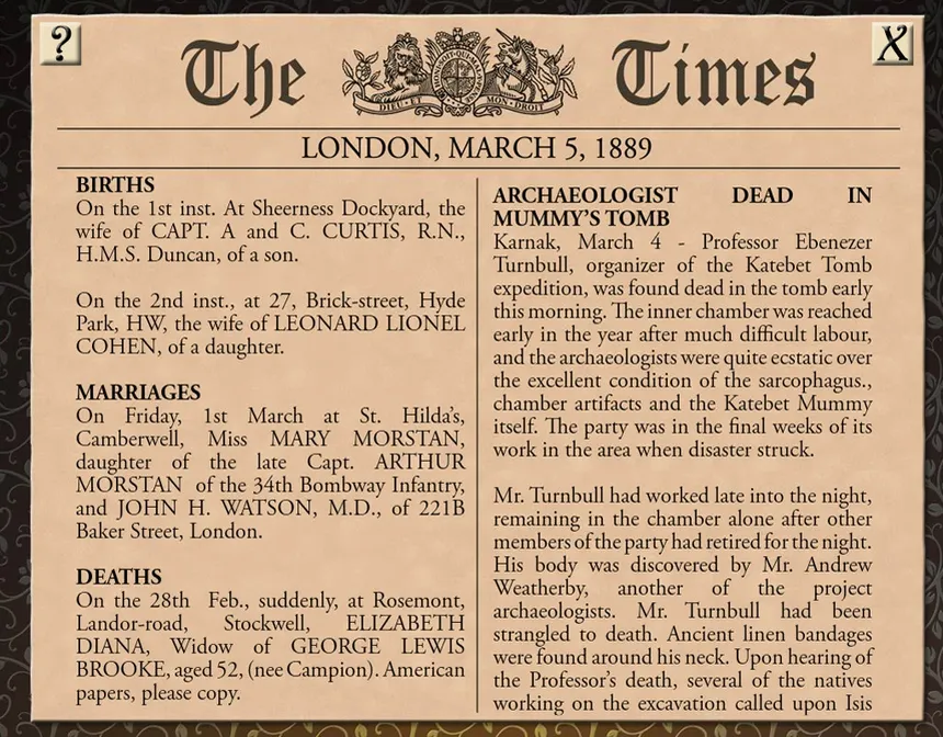 Скриншот 5 к игре Sherlock Holmes Consulting Detective: The Case of the Mummy's Curse