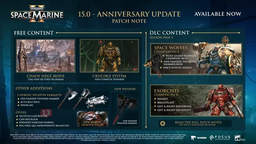 Warhammer 40,000: Space Marine 2 получила обновление 15.0 с Хаосом в режиме «Осада» и новым PvE-режимом «Горнило»